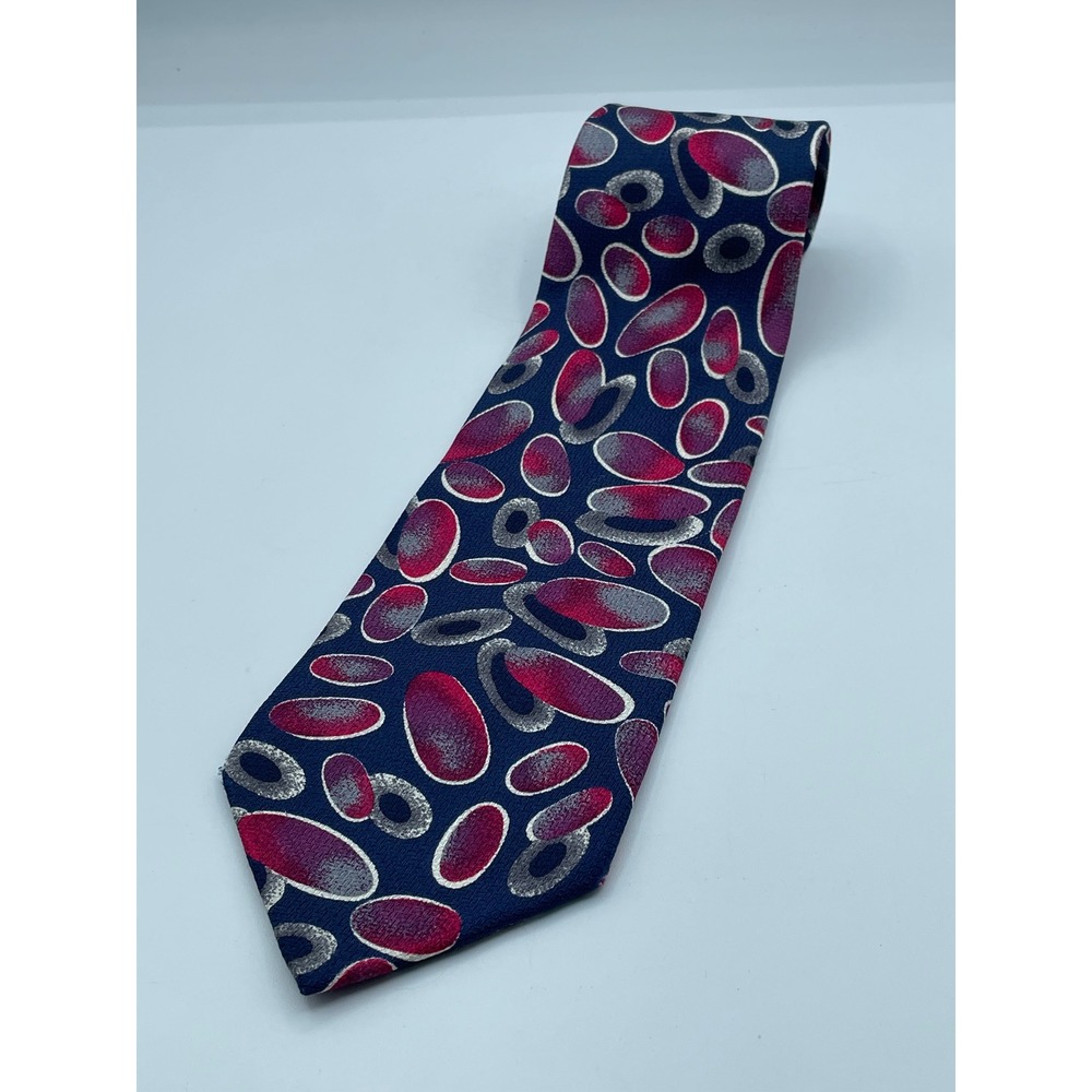 Mondo di Marco Silk Tie Navy Blue Magenta Abstract Oval Pattern Made in Italy